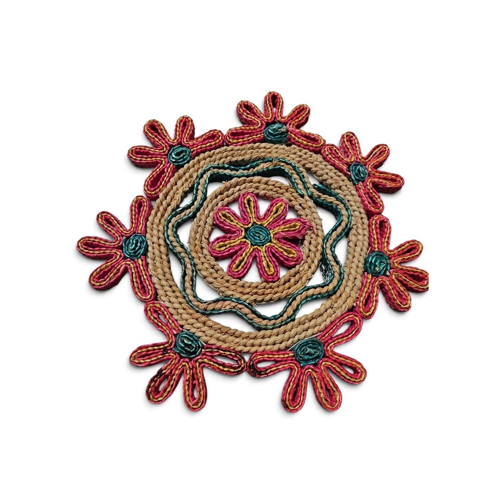 Vintage Woven Straw Trivets Set of 2 Boho Floral Jute Coasters Pink Green  0427